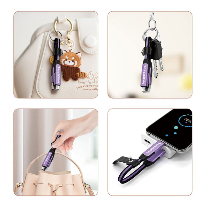 A 6-in-1 braided charging cable in purple, attached to a keyring and shown with a handbag and other items.