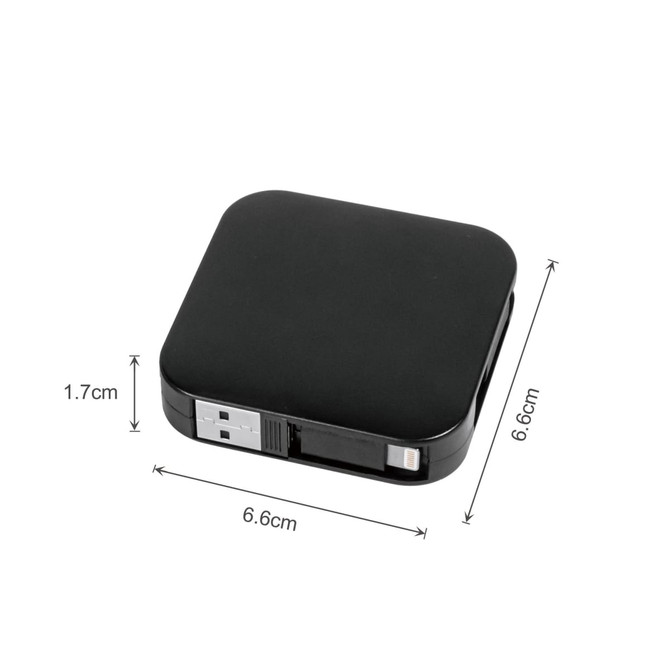 A black, square retractable charging cable with a phone stand, measuring 6.6 cm by 6.6 cm and 1.7 cm high.