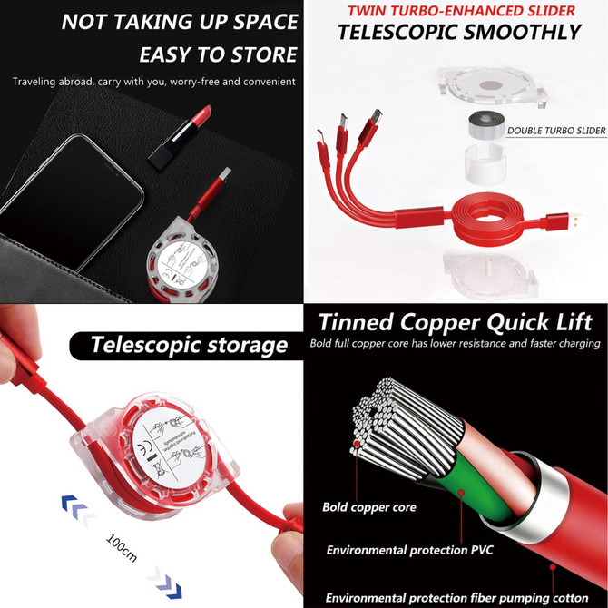 A red 3-in-1 retractable charging cable with a compact design, featuring a clear casing and multiple connection options.