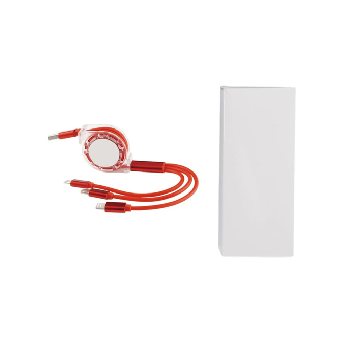 A red 3-in-1 retractable charging cable with multiple connectors alongside a plain white box.