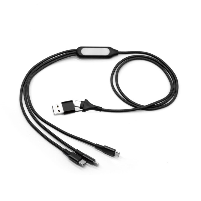 A black 6-in-1 charging cable with USB and multiple connectors for various devices. It includes a logo on the body.