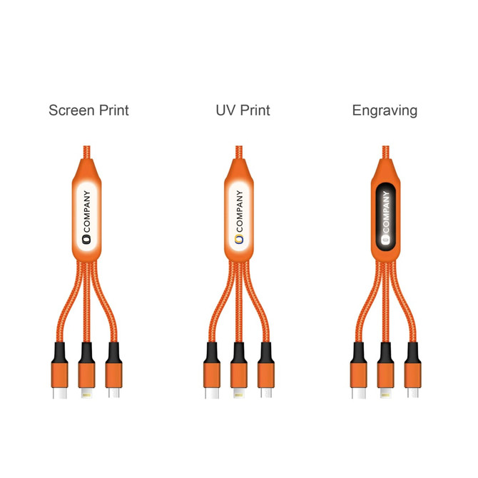 An orange 6-in-1 night light charging cable with multiple connectors, featuring options for screen print, UV print, and engraving.