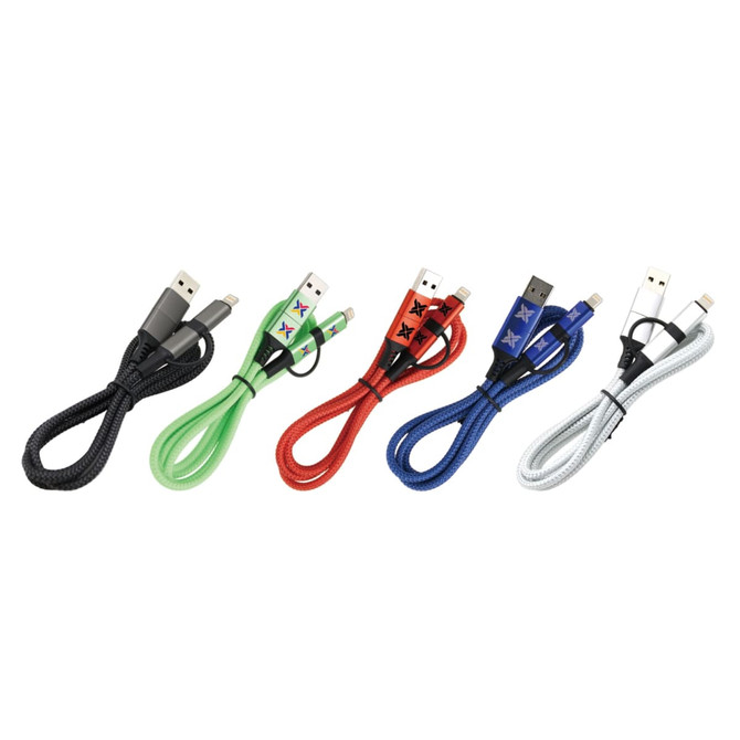 A set of five braided charging cables in black, green, red, blue, and silver, each featuring a USB connector and a logo.