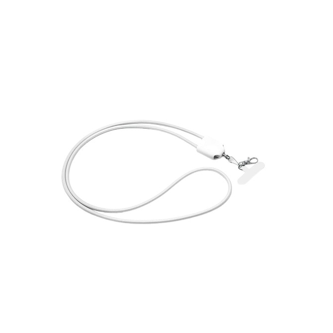 A white lanyard with a clip, designed for charging devices, featuring a compact connector.