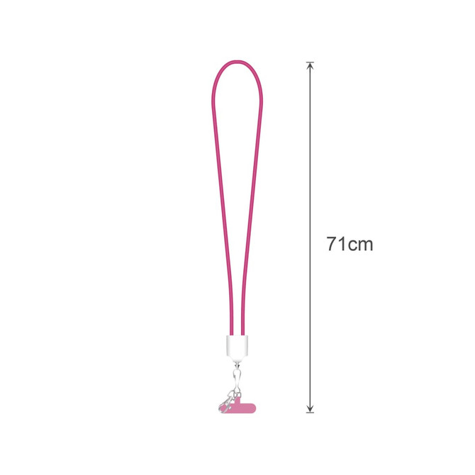 A pink 71cm lanyard with a connector for attaching a charging device. It features a logo.