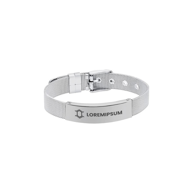 A silver metal bracelet featuring a textured mesh design and a flat engraved plate with branding.