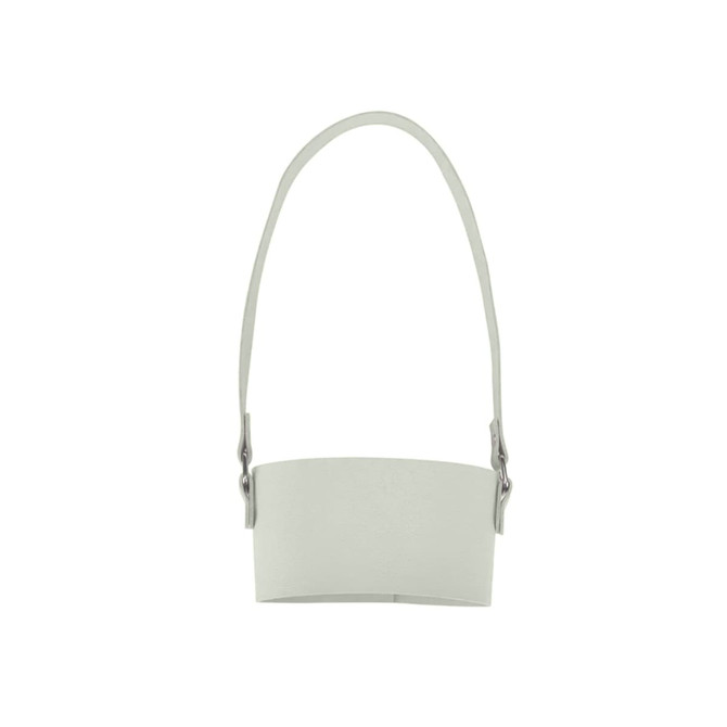 A drink bottle holder made of light grey leather with a detachable strap and silver hardware.