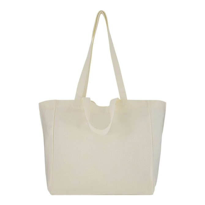 A spacious cream canvas bag with long handles and a simple design. Features a logo on the side.