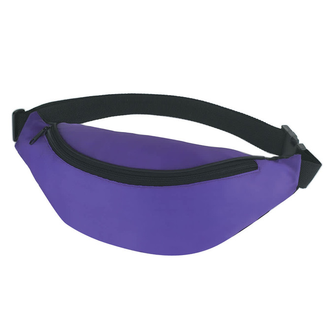 A purple bum bag with a zipper closure and an adjustable black strap. It features a logo on the side.
