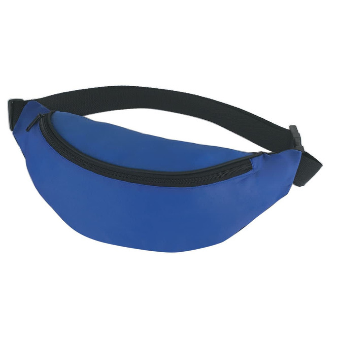 A blue bum bag with a black adjustable strap and a zippered pocket, featuring a logo.