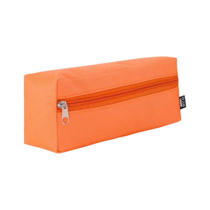 An orange utility case with a zippered compartment, featuring a sturdy rectangular design and a logo tag.
