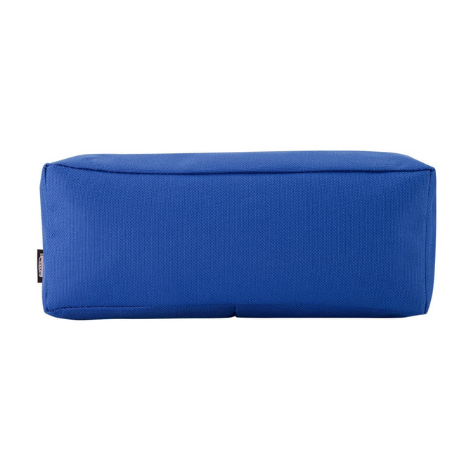 A blue utility case with a rectangular shape, featuring a textured surface and a logo.