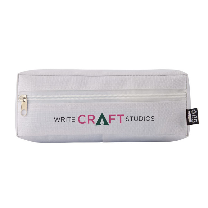 A white utility case with a front zip and a logo featuring 'WRITE CRAFT STUDIOS'.