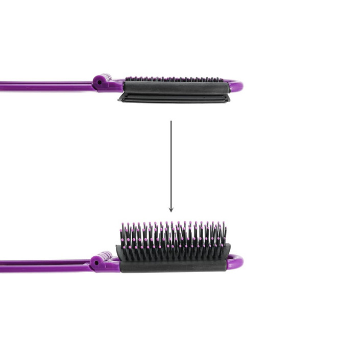 A folding hair brush in purple with black bristles, featuring a built-in mirror and a compact design.