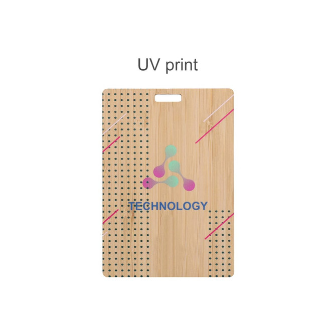 A bamboo name tag featuring a UV print design with multicoloured graphics and a hole for attachment.