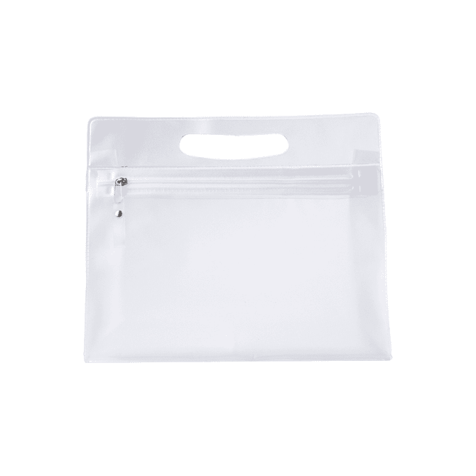 A transparent white PVC cosmetic bag with a zip closure and a handle. It features a small outer pocket.