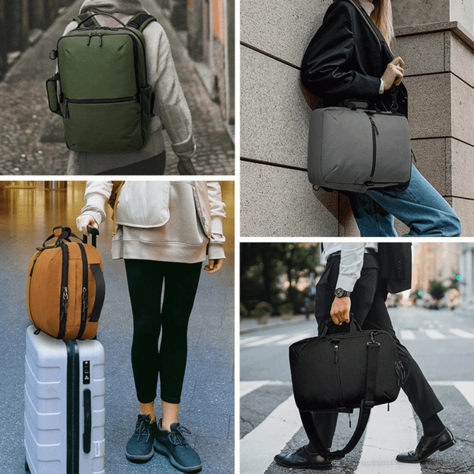 A green document backpack, a grey bag, an orange backpack on a suitcase, and a black bag. Various styles displayed outdoors.