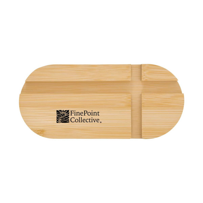 A bamboo phone stand in an oval shape with a logo featured prominently. Natural wood colour enhanced by smooth finish.