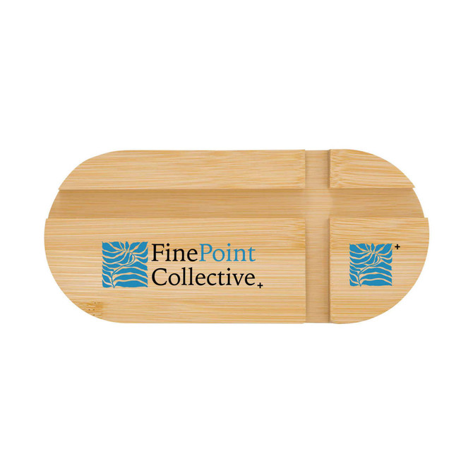 A bamboo phone stand with an oval shape and a logo feature in blue, designed for stability and style.