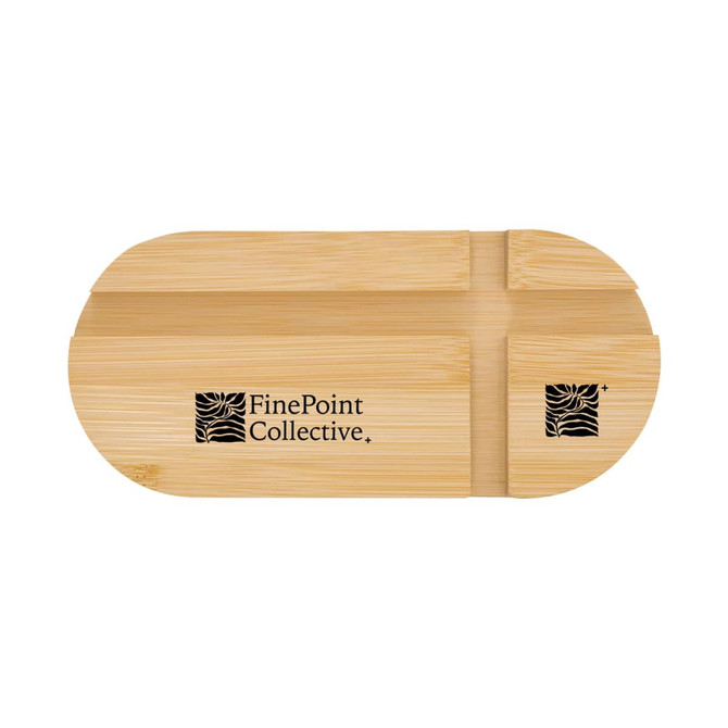 A bamboo phone stand in a sleek oval shape with a logo on the surface.