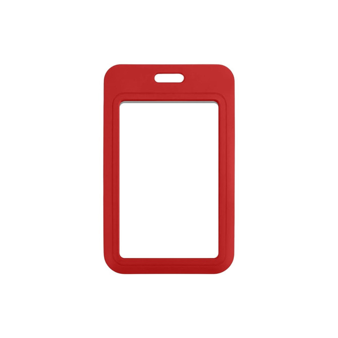 A red ABS double-sided ID card holder with a slot for a lanyard or clip, featuring a blank interior.