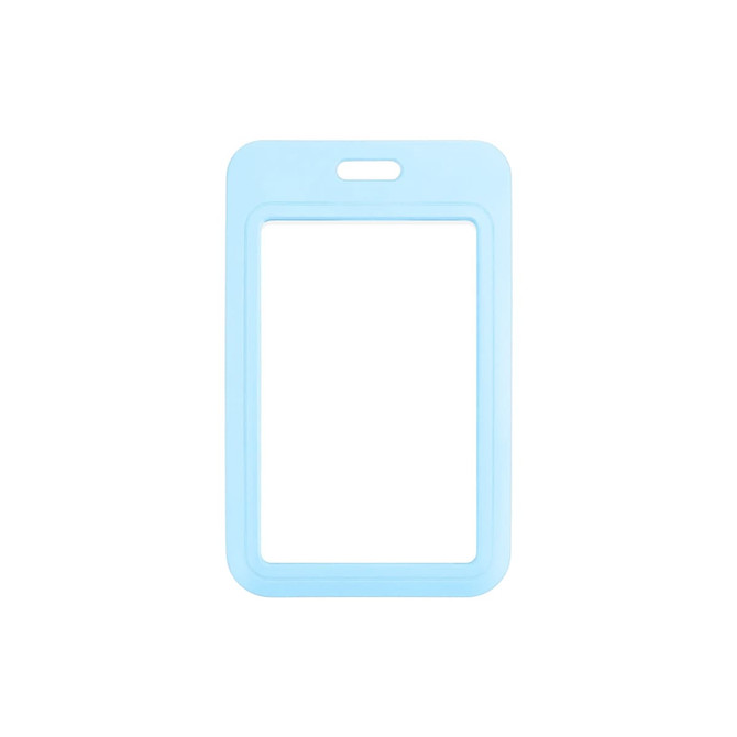 A light blue ABS double-sided ID card holder with a circular cutout at the top and a rectangular frame.