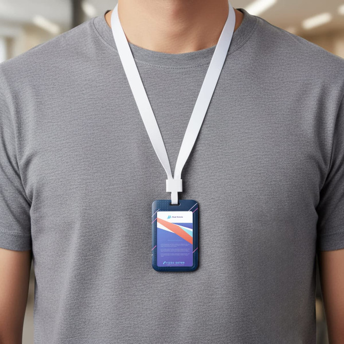 A blue ABS double-sided ID card holder is displayed on a person’s neck, featuring a white lanyard and a plain grey shirt.