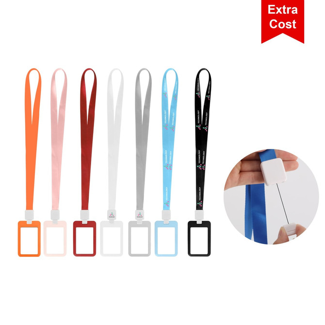 A selection of ABS double-sided ID card holders in various colours, including orange, red, grey, blue, and black.