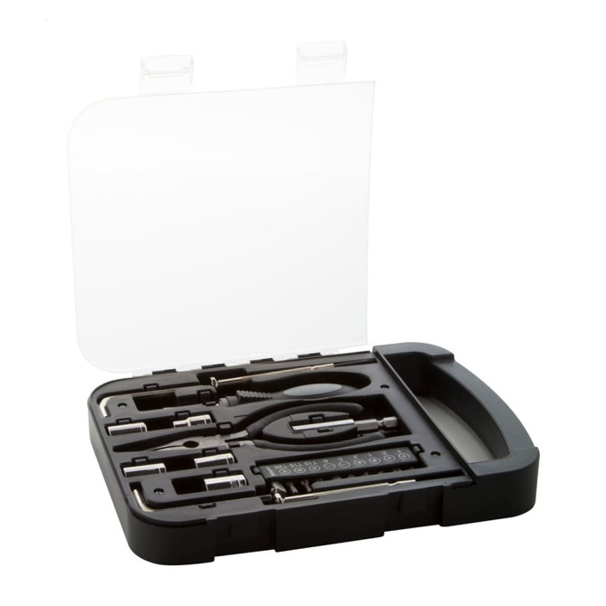 A 22-piece tool set in a black carry case, featuring various tools and a clear cover.