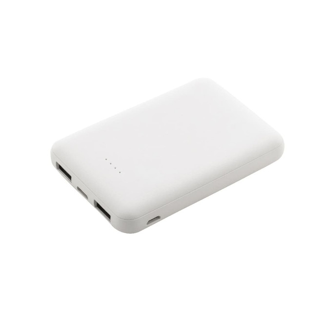 A white power bank made from recycled ABS material with two USB ports and a small logo.
