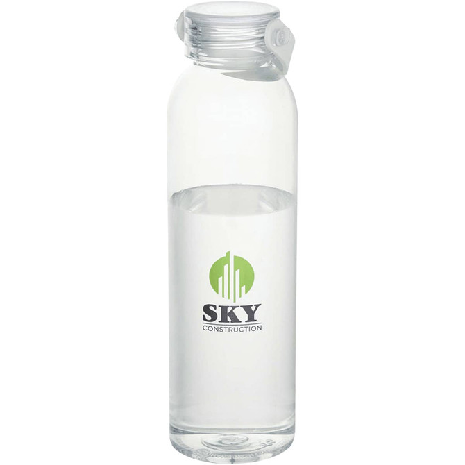 A drink bottle made of clear plastic, featuring a logo and a screw-on lid, filled with water.