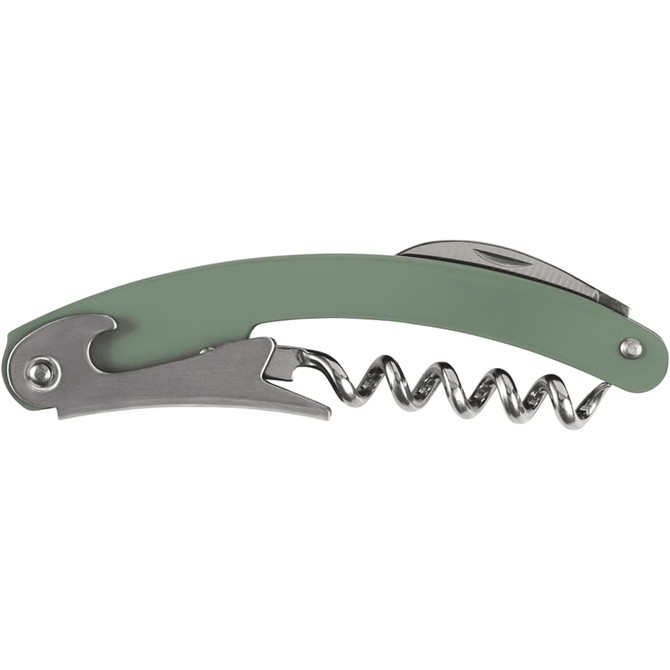 A green waitress knife with a corkscrew, bottle opener, and knife blade, featuring a metallic finish.