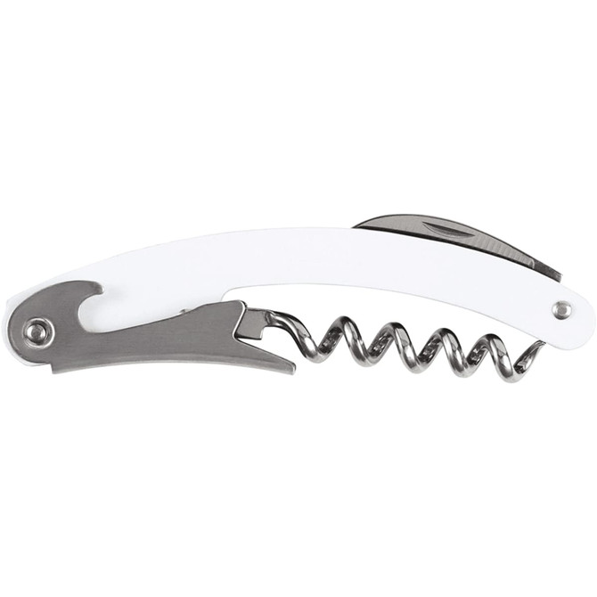 A waitress knife featuring a white handle and stainless steel corkscrew, with an integrated bottle opener.