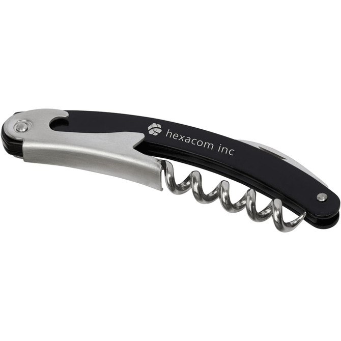 A black and silver waiter’s knife featuring a corkscrew and a folding design. It includes a logo on the handle.