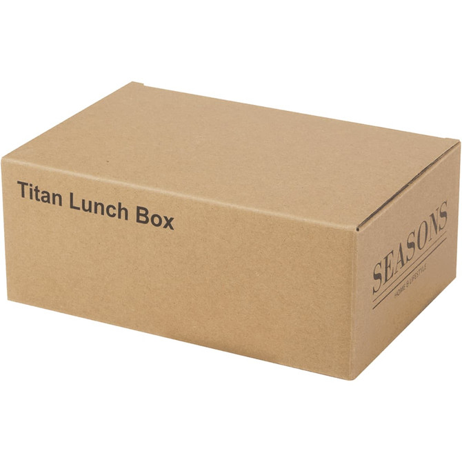 A recycled cardboard box containing a stainless steel lunch box in a natural brown colour, featuring branding.