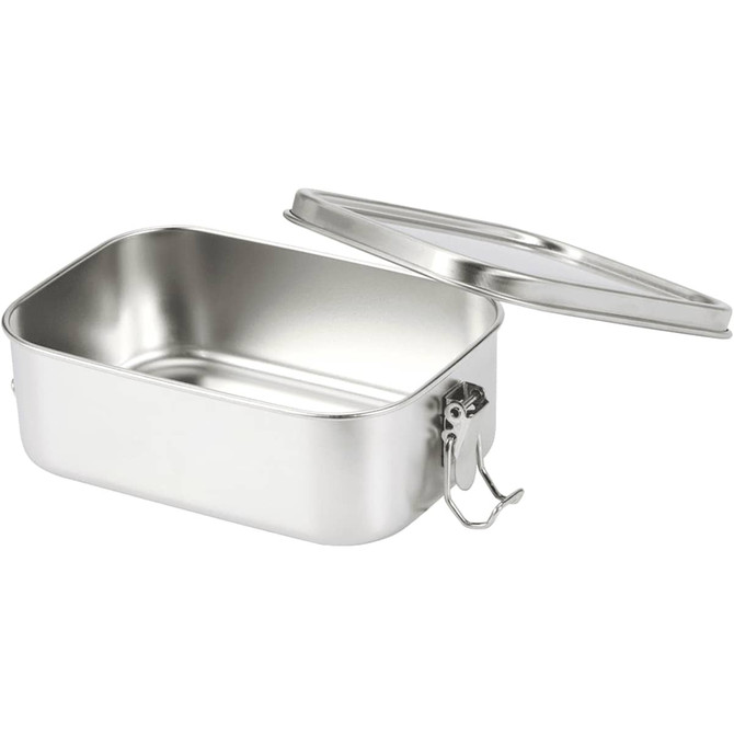 A stainless steel lunch box with a silver finish, featuring a hinged lid and a clasp closure.