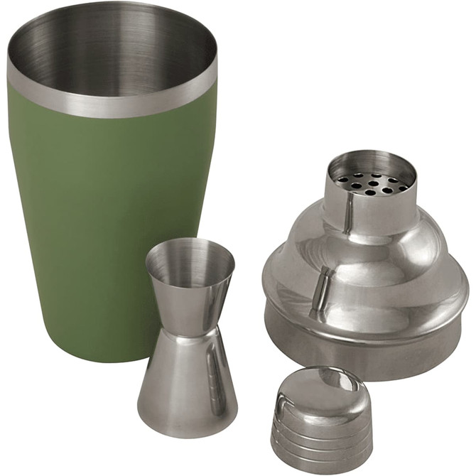 A stainless steel cocktail shaker in green, including a jigger and a strainer, with a logo on the shaker.