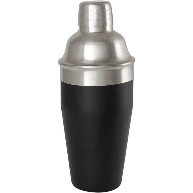 A stainless steel cocktail shaker featuring a black matte finish and a silver top, with a logo on the side.