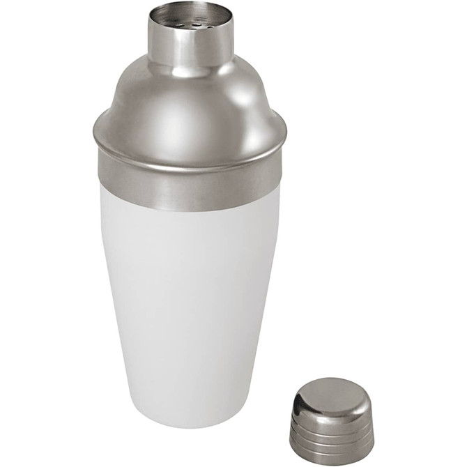 A stainless steel cocktail shaker with a matte white body and a shiny silver lid, featuring a logo.