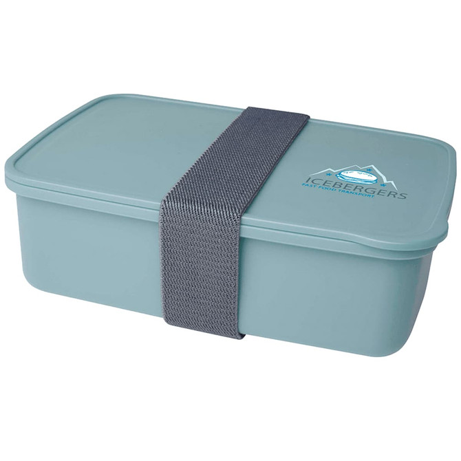 A lunch box in a soft blue colour with a grey elastic strap and a logo on the lid.