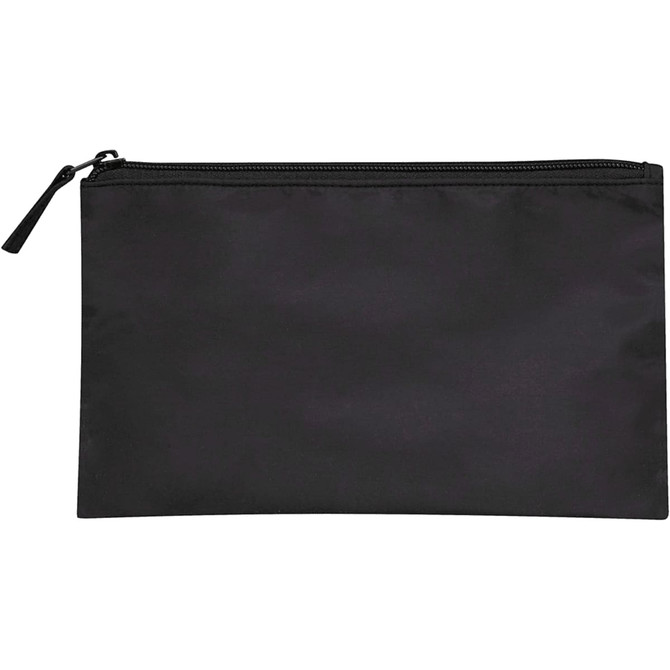 A black toiletry bag with a zip closure. It features a simple design and has a logo on it.