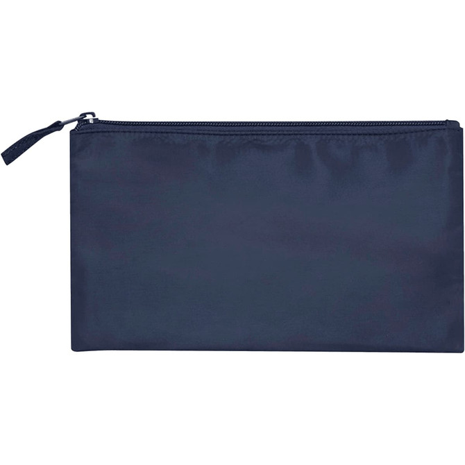 A navy blue recycled toiletry bag with a zip closure and a small handle, featuring branding.