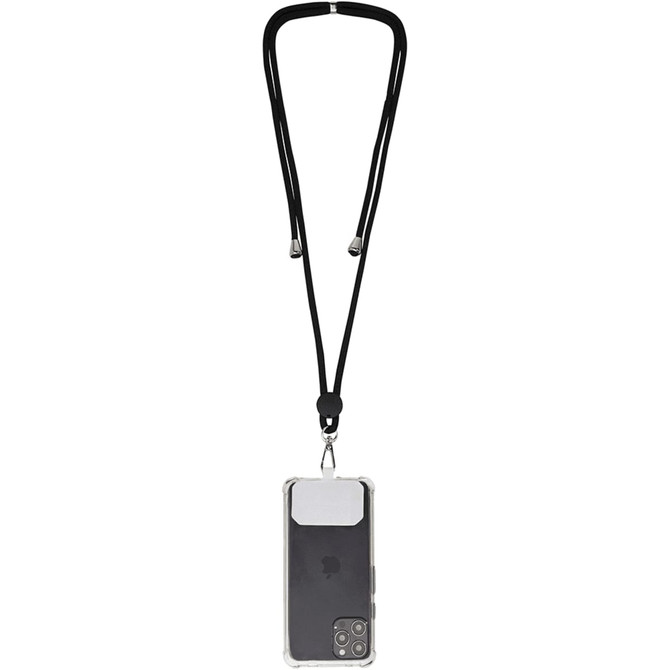 A phone lanyard in black holds a transparent phone case, featuring a logo on the back.