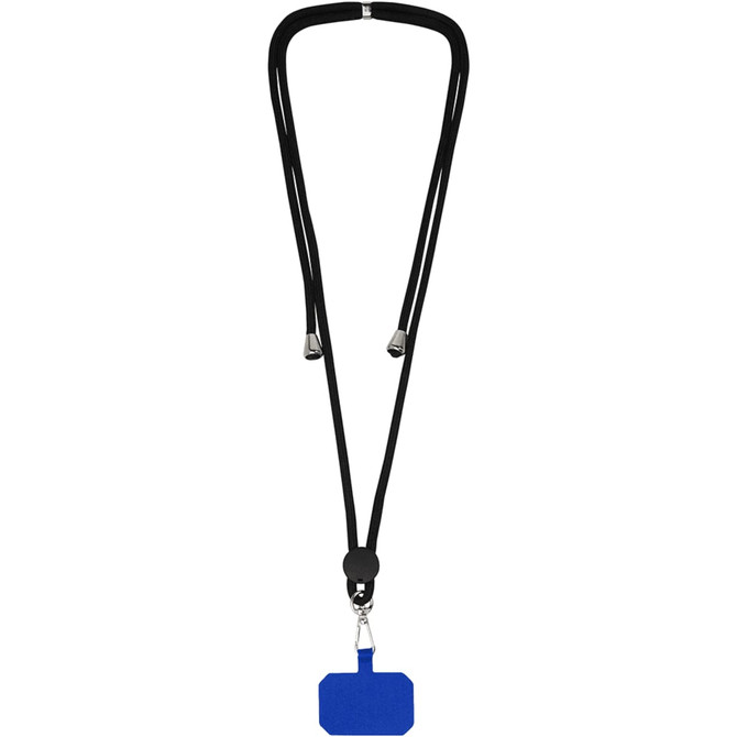 A black lanyard with a blue rectangular holder at the end, featuring a metal clip.