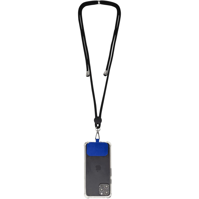 A phone lanyard in black with a blue attachment, holding a phone in a protective case.
