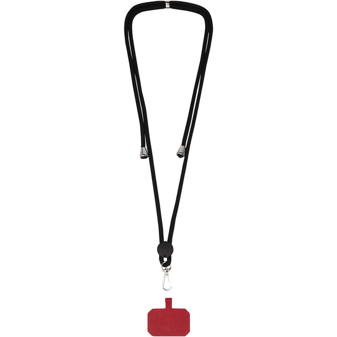 A black phone lanyard with silver tips and a red holder at the bottom. Features a branding logo.