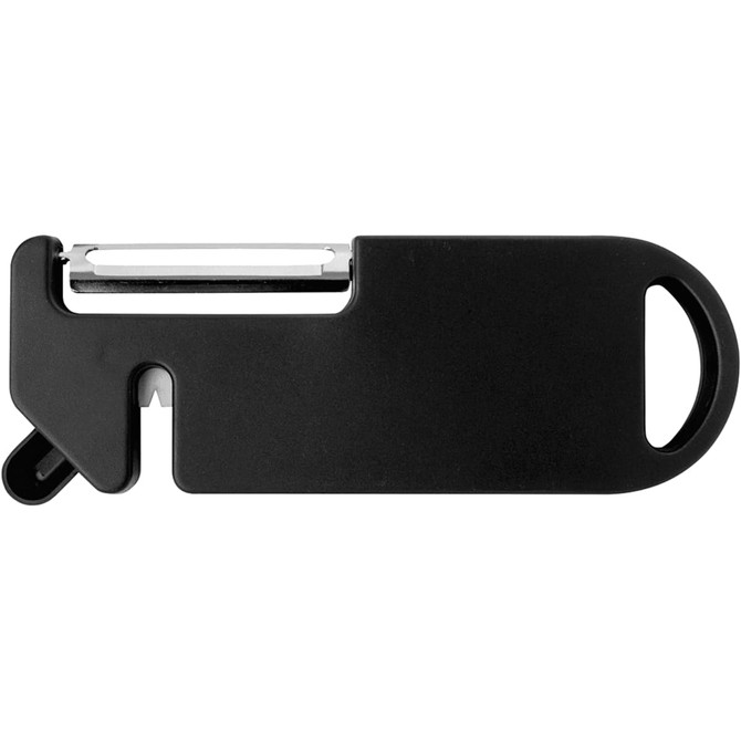 A black multi-purpose kitchen tool featuring a peeler and a handle, with an integrated design for easy use.