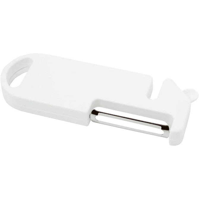 A white multi-purpose kitchen tool with a peeling blade and a hole for hanging or grip. It features a simple, sleek design.