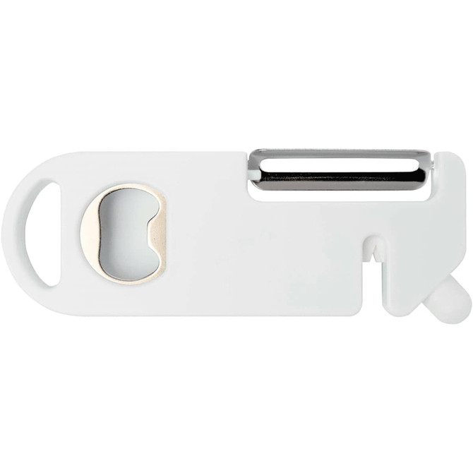 A multi-purpose kitchen tool in white, featuring a peeler, lid opener, and small cutting edge. It has a logo.