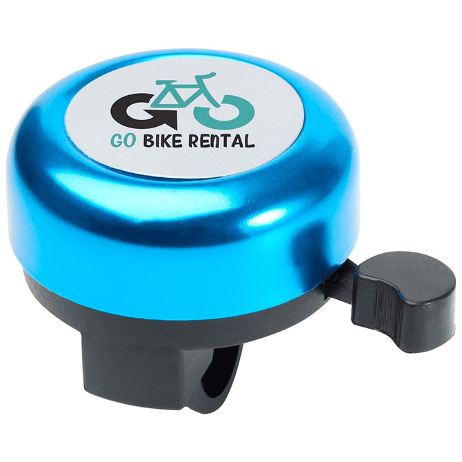 A blue bicycle bell with a black lever and a logo on the top.